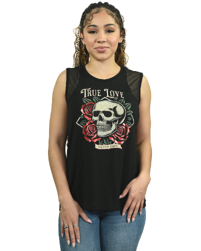 Ladies True Love Sleeveless Shirt, black skull and roses graphic, product view