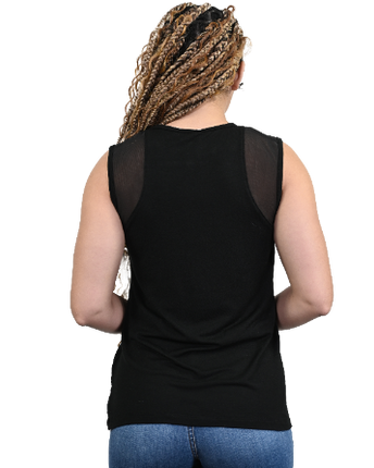 Ladies True Love Sleeveless Shirt, black top with sheer mesh shoulders, alternate view