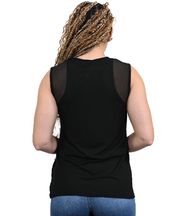 Ladies True Love Sleeveless Shirt, black top with sheer mesh shoulders, alternate view