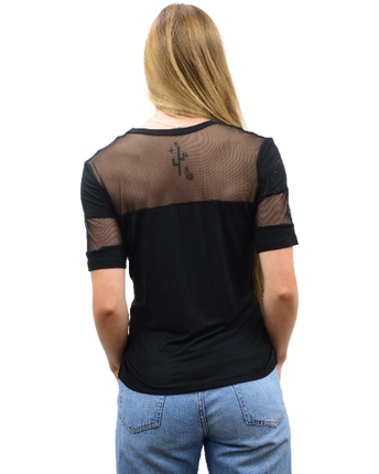 Ladies Happy Bikes T-Shirt, plain black back with mesh shoulder detail