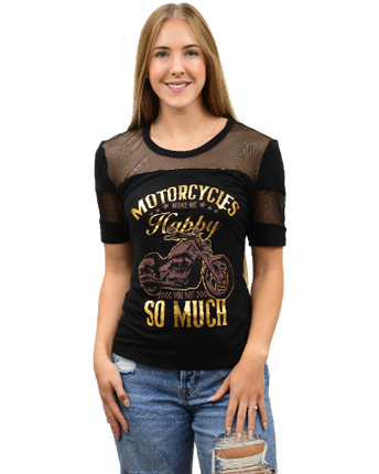 Ladies Happy Bikes T-Shirt, black front with gold motorcycle graphic