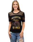 Ladies Happy Bikes T-Shirt, black front with gold motorcycle graphic