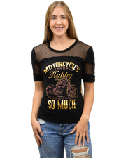 Ladies Happy Bikes T-Shirt, black front with gold motorcycle graphic