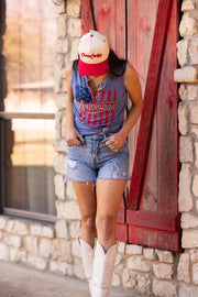 Liberty Wear Ladies Proud American Tank in faded blue, lifestyle front view