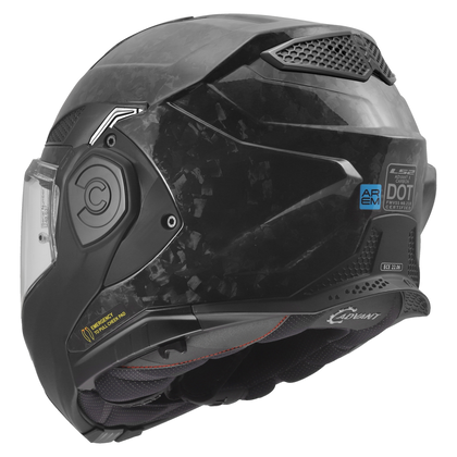 LS2 Advant X Forged Gloss Carbon with matte-black chin bar - rear three-quarter view
