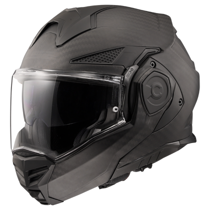LS2 Advant X Carbon in Matte Woven Carbon - front three-quarter view with clear shield