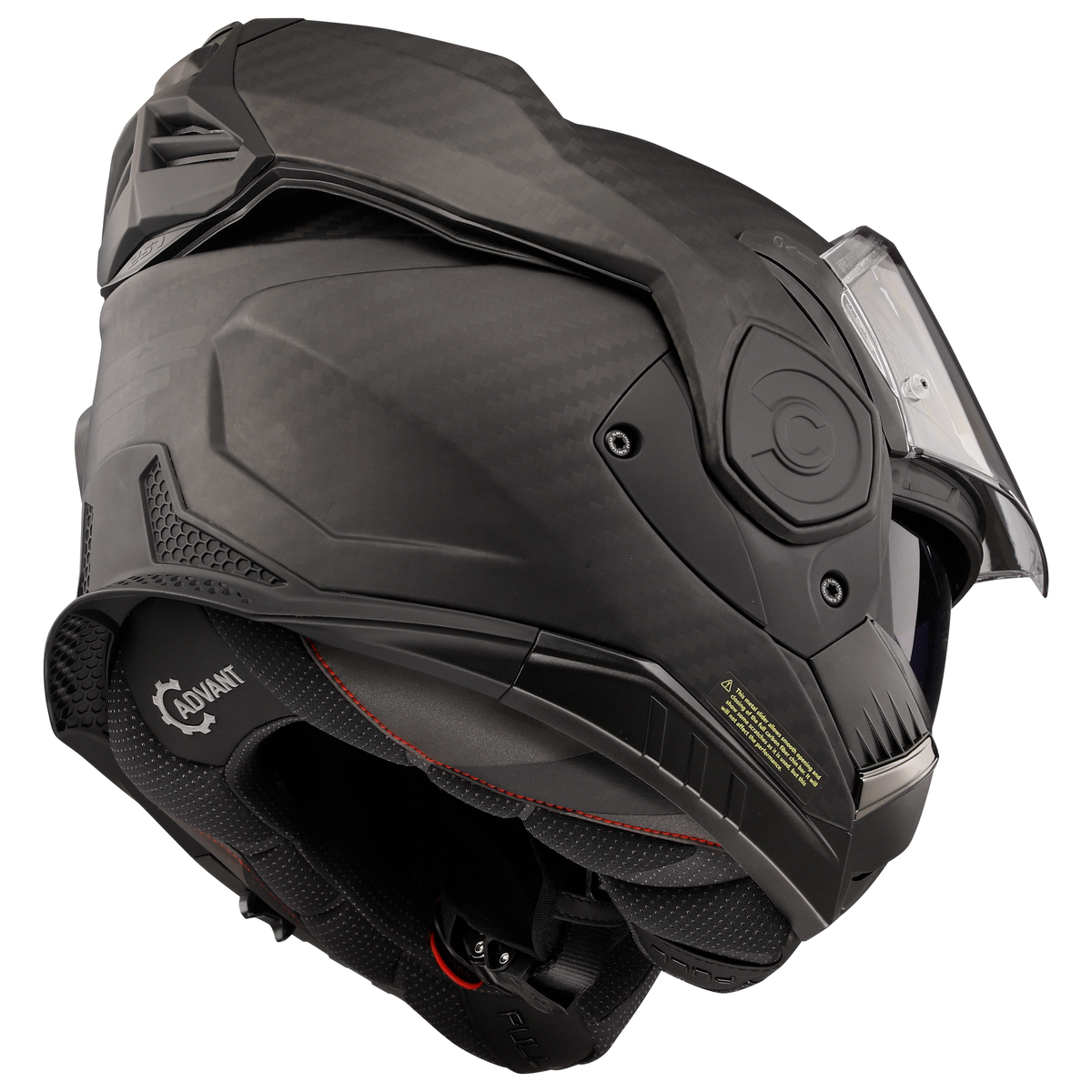 LS2 Advant X Carbon in Matte Woven Carbon - opposite rear view with chin bar open