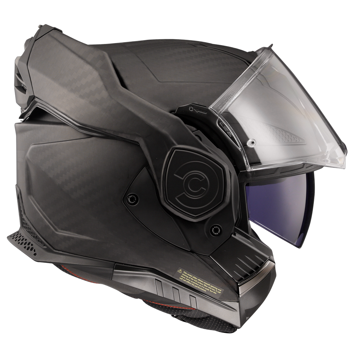 LS2 Advant X Carbon in Matte Woven Carbon - side view with shield raised