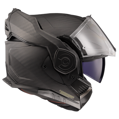 LS2 Advant X Carbon in Matte Woven Carbon - side view with shield raised