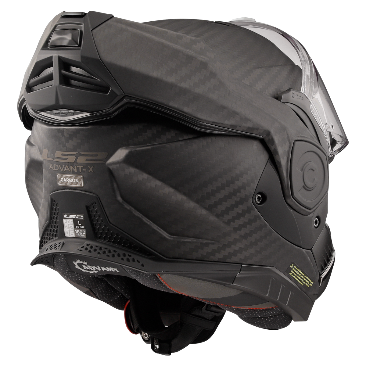 LS2 Advant X Carbon in Matte Woven Carbon - rear three-quarter view with chin bar open