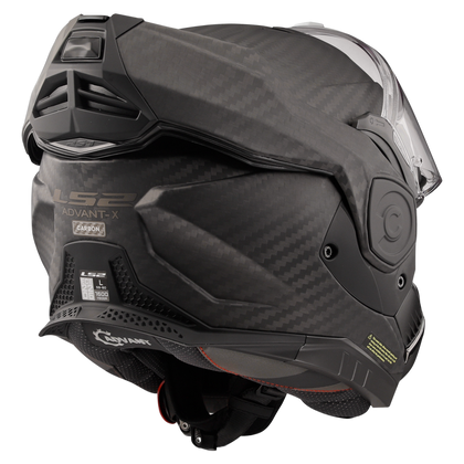 LS2 Advant X Carbon in Matte Woven Carbon - rear three-quarter view with chin bar open