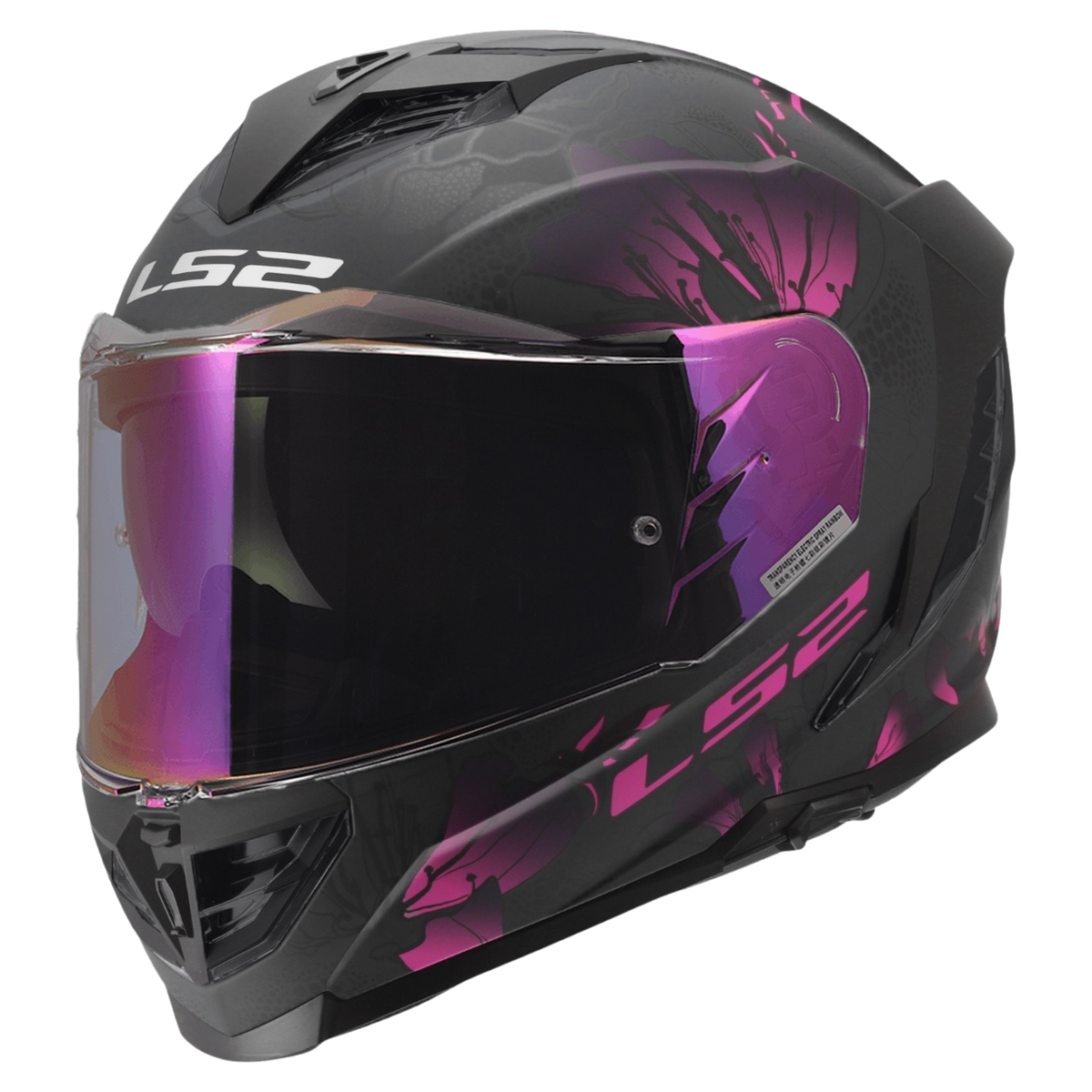 LS2 Assault III Burst helmet in Matte Black/Purple, front three-quarter view with shield closed