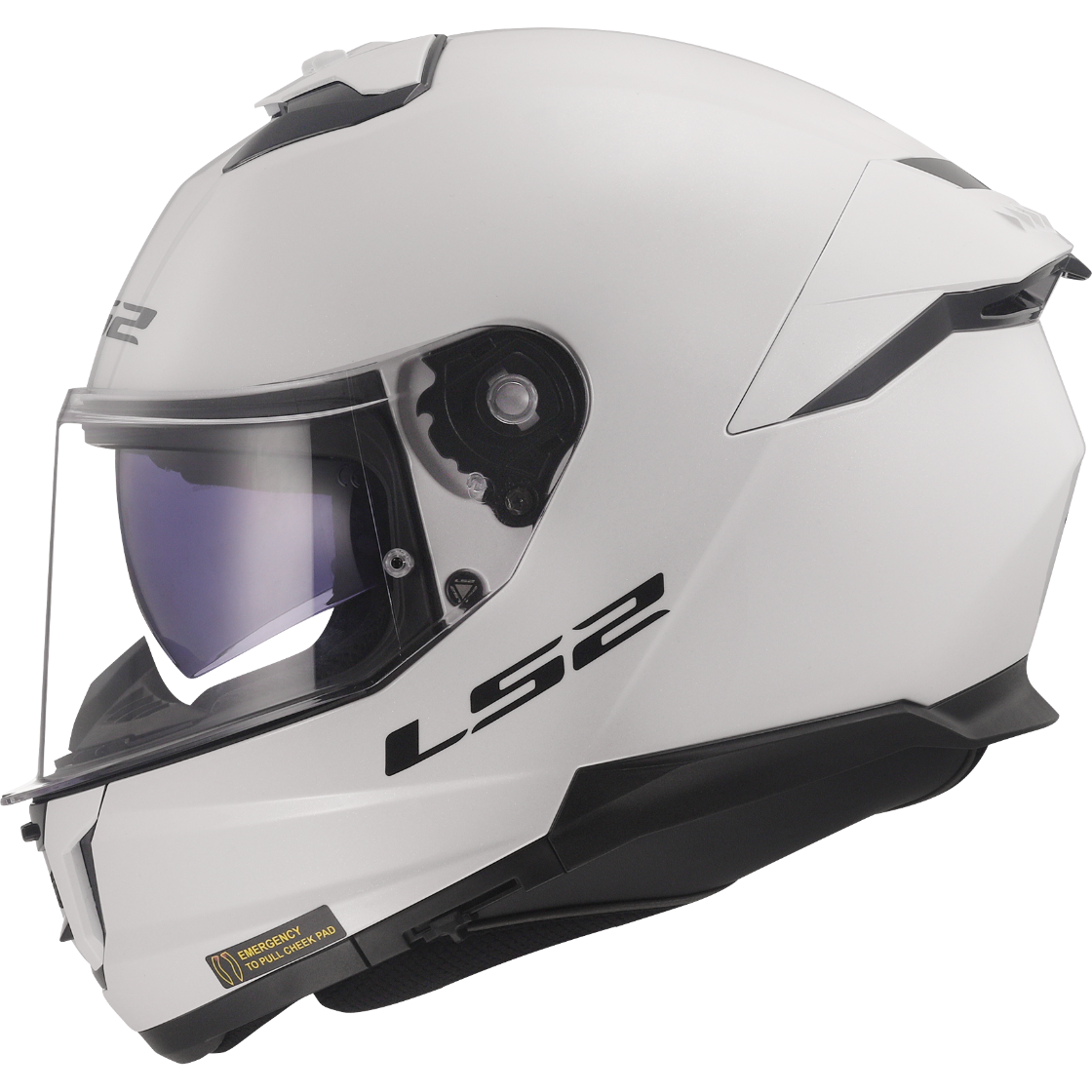 LS2 Stream II helmet in Gloss White, left side profile with internal sun shield lowered