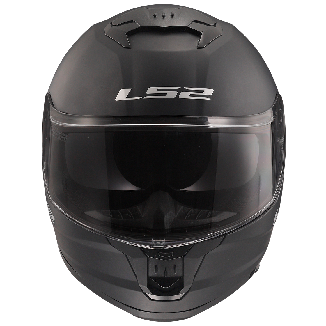 LS2 Stream II helmet in Matte Black, front view with internal sun shield lowered