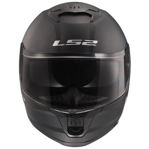 LS2 Stream II helmet in Matte Black, front view with internal sun shield lowered