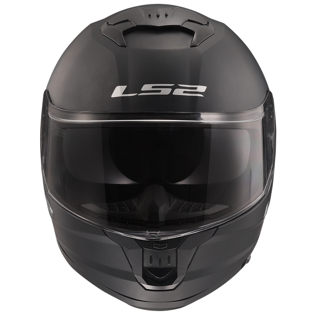 LS2 Stream II helmet in Matte Black, front view with internal sun shield lowered