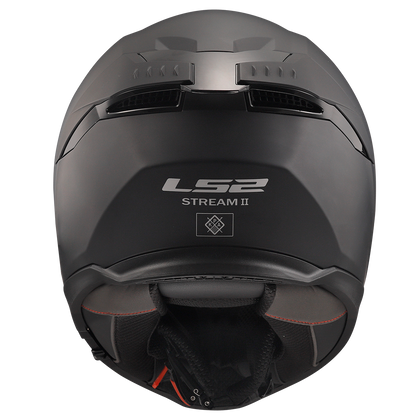 LS2 Stream II helmet in Matte Black, rear view showing exhaust vents