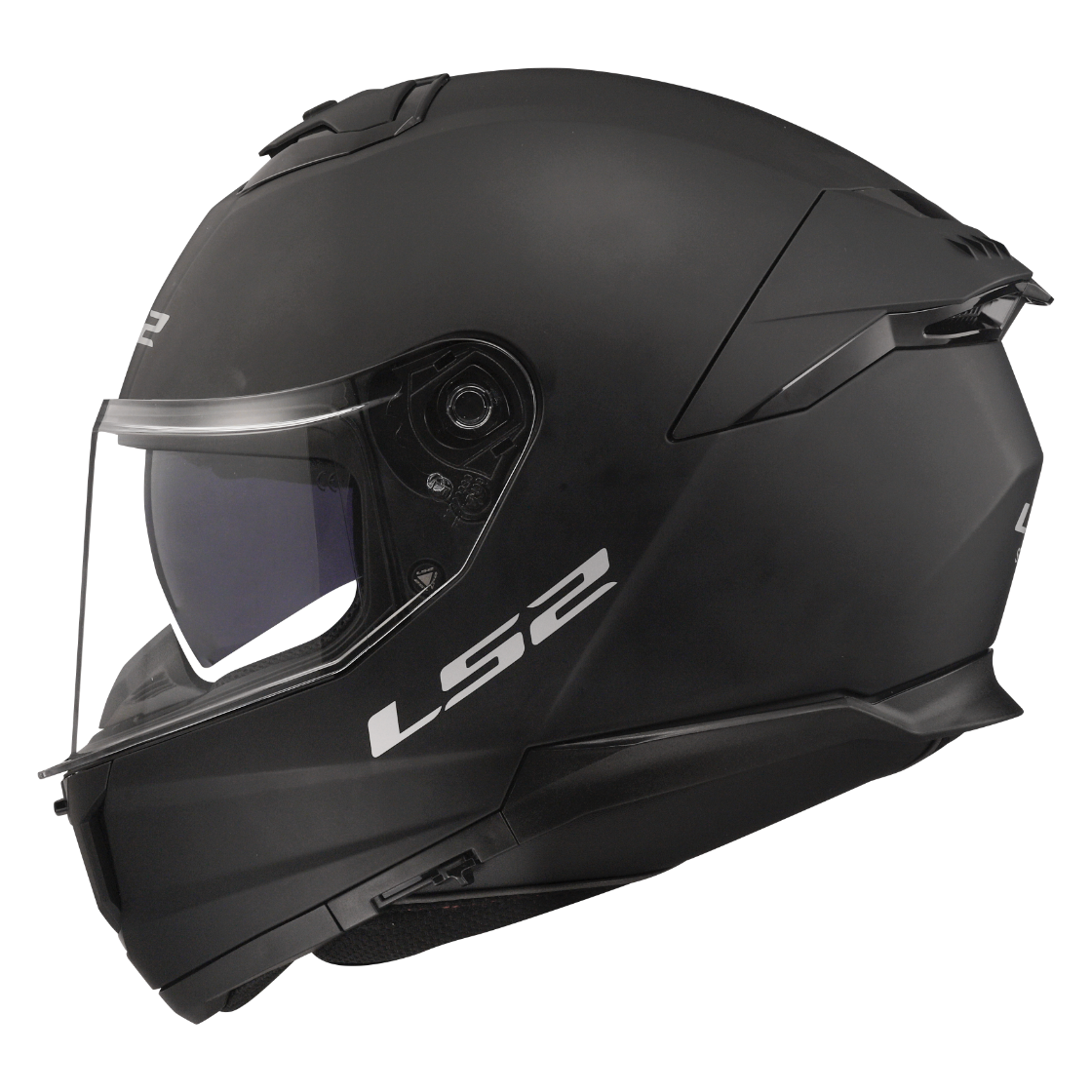 LS2 Stream II helmet in Matte Black, left side profile with internal sun shield lowered
