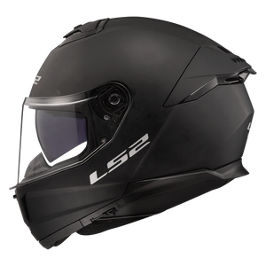 LS2 Stream II helmet in Matte Black, left side profile with internal sun shield lowered