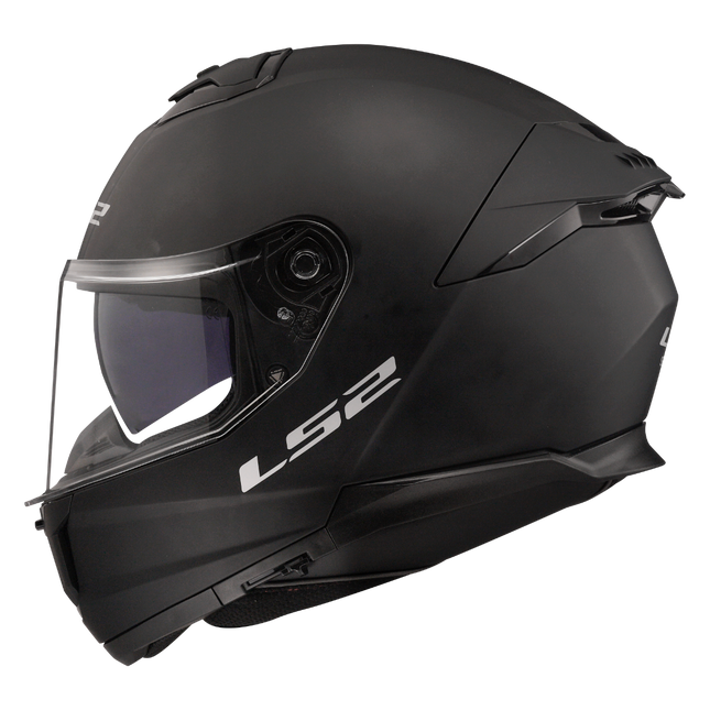 LS2 Stream II helmet in Matte Black, left side profile with internal sun shield lowered