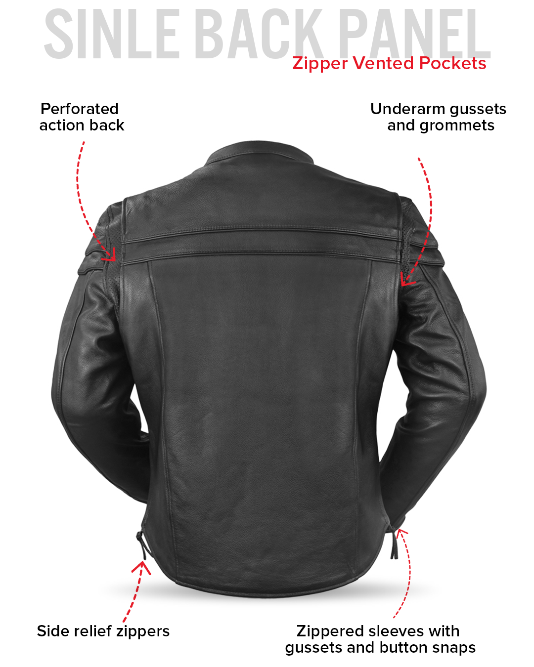 Maverick leather jacket perforated action back, side relief zipper and sleeve features