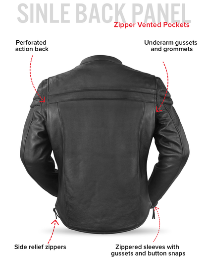 Maverick leather jacket perforated action back, side relief zipper and sleeve features