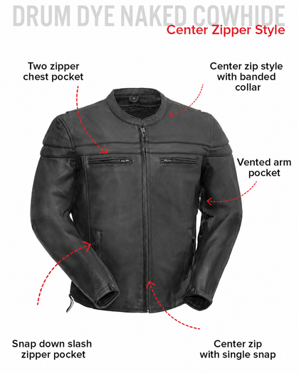 Maverick leather jacket chest pockets, banded collar, underarm vent and slash pocket features