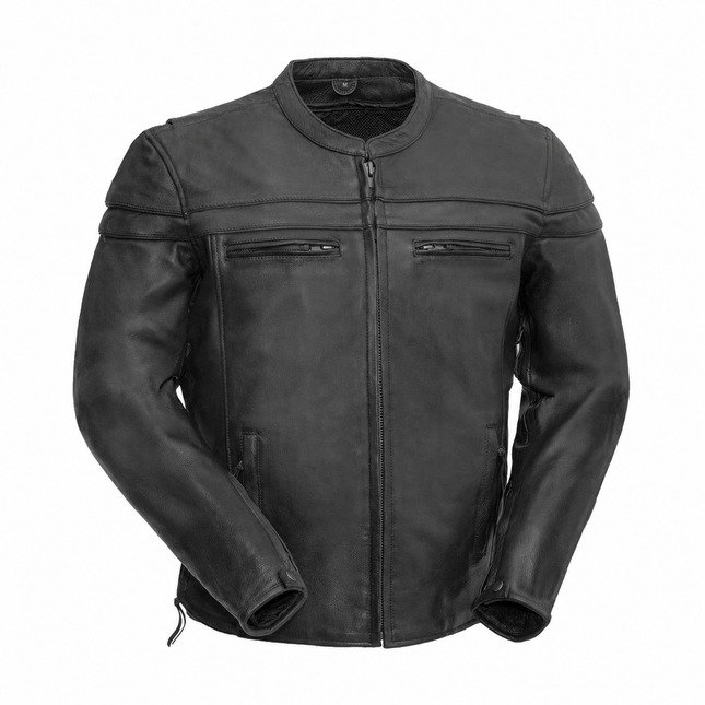 Men's Maverick black cowhide motorcycle jacket, front view