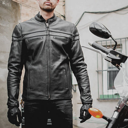 Rider wearing the Men's Maverick black leather motorcycle jacket