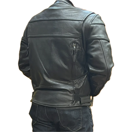 Back view of men’s black leather motorcycle jacket with zippered vents and adjustable waist straps.