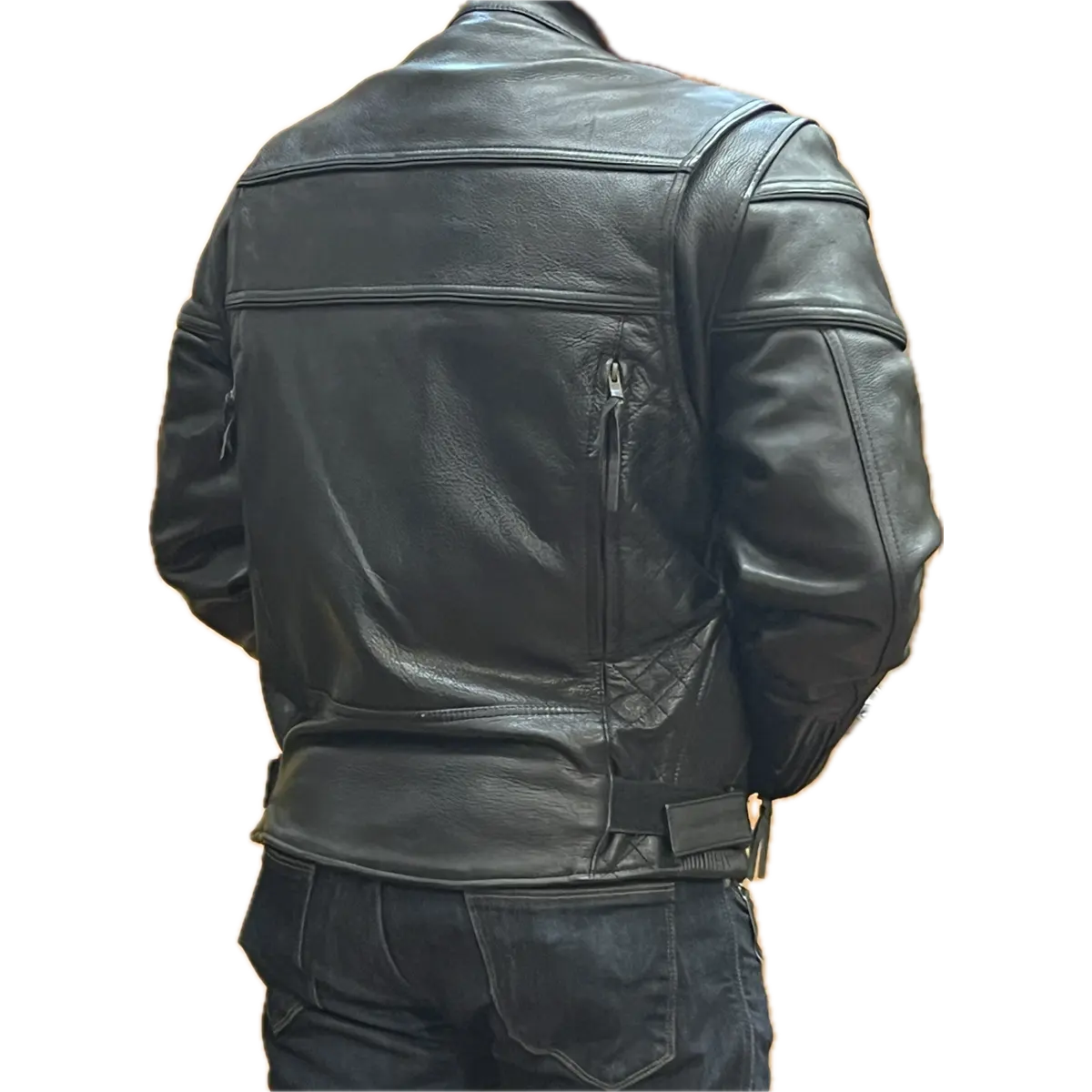 Back view of men’s black leather motorcycle jacket with zippered vents and adjustable waist straps.