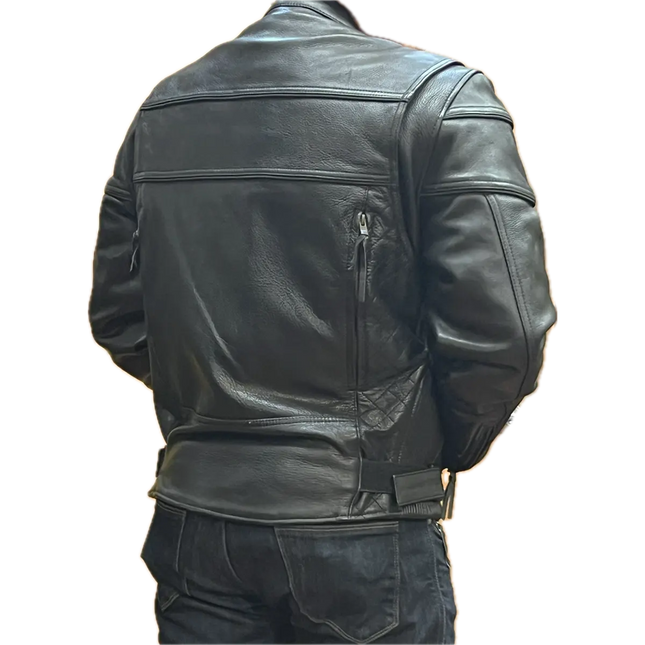 Back view of men’s black leather motorcycle jacket with zippered vents and adjustable waist straps.