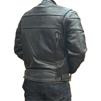 Men's Luminescent black leather motorcycle jacket back view worn by an employee