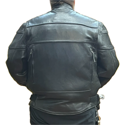 Back view of men’s black leather motorcycle jacket on plus-size model with zippered vents and adjustable waist straps.