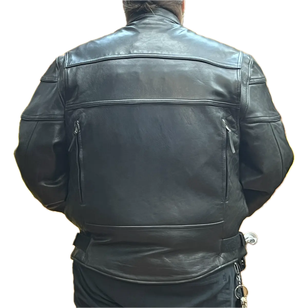 Back view of men’s black leather motorcycle jacket on plus-size model with zippered vents and adjustable waist straps.