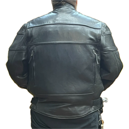 Men's Luminescent black leather motorcycle jacket back view on a larger employee