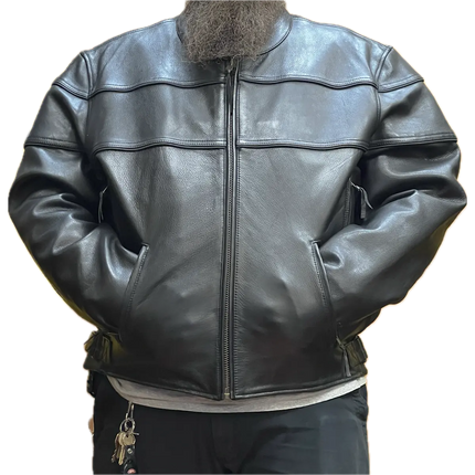 Men’s black leather motorcycle jacket shown on larger model with zip-front closure and hand pockets.