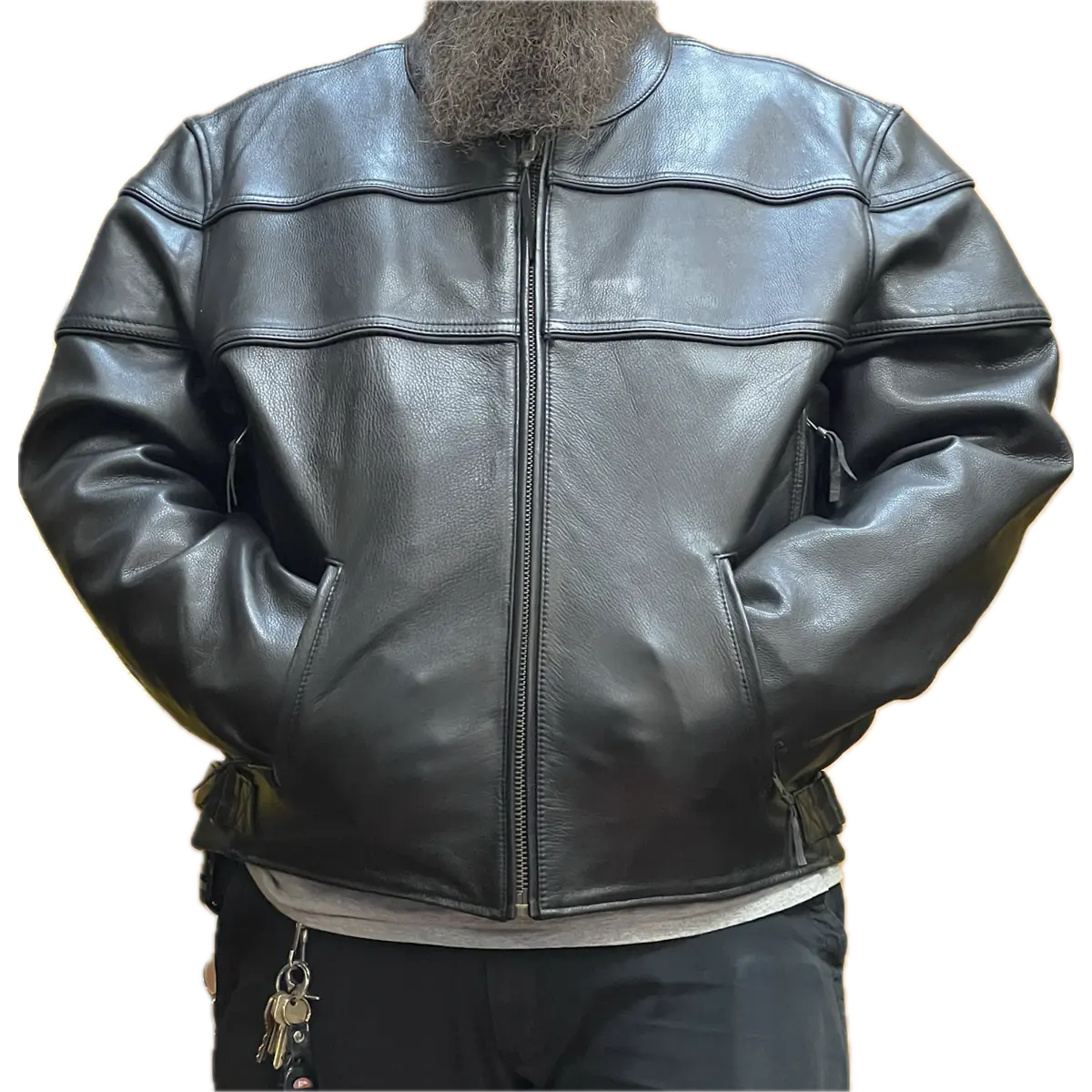 Men's Luminescent black leather motorcycle jacket front view on a larger employee