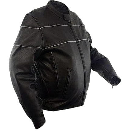 Angled side view of a men’s black leather motorcycle jacket with front zipper, zippered hand pockets, and reflective piping detail across chest and shoulders.