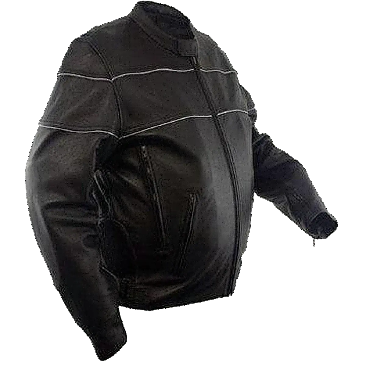 Angled side view of a men’s black leather motorcycle jacket with front zipper, zippered hand pockets, and reflective piping detail across chest and shoulders.