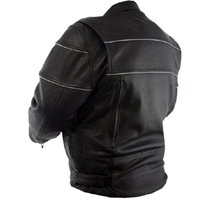 Angled back view of men’s black leather motorcycle jacket with reflective piping, zippered vents, and adjustable waist straps on white background.