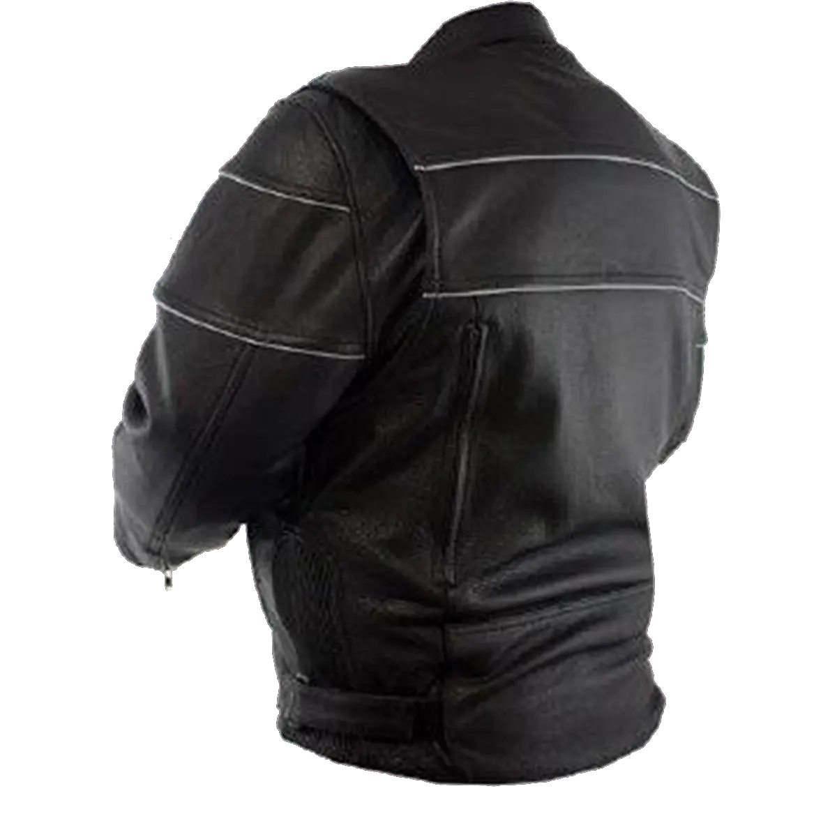 Angled back view of men’s black leather motorcycle jacket with reflective piping, zippered vents, and adjustable waist straps on white background.