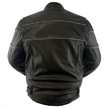 Back view of men’s black leather motorcycle jacket with reflective piping and adjustable waist straps, displayed on a white background.