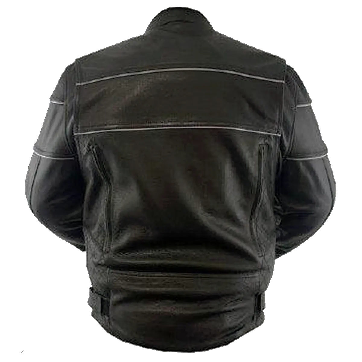 Back view of men’s black leather motorcycle jacket with reflective piping and adjustable waist straps, displayed on a white background.