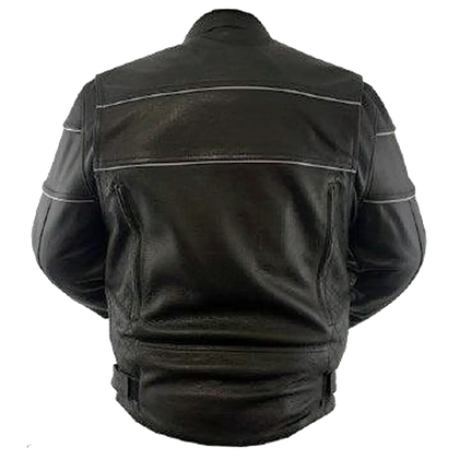Back view of men’s black leather motorcycle jacket with reflective piping and adjustable waist straps, displayed on a white background.
