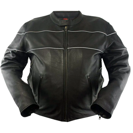 Men’s black leather motorcycle jacket with front zipper, two zippered hand pockets, and reflective piping across chest and shoulders, displayed on a plain white background.