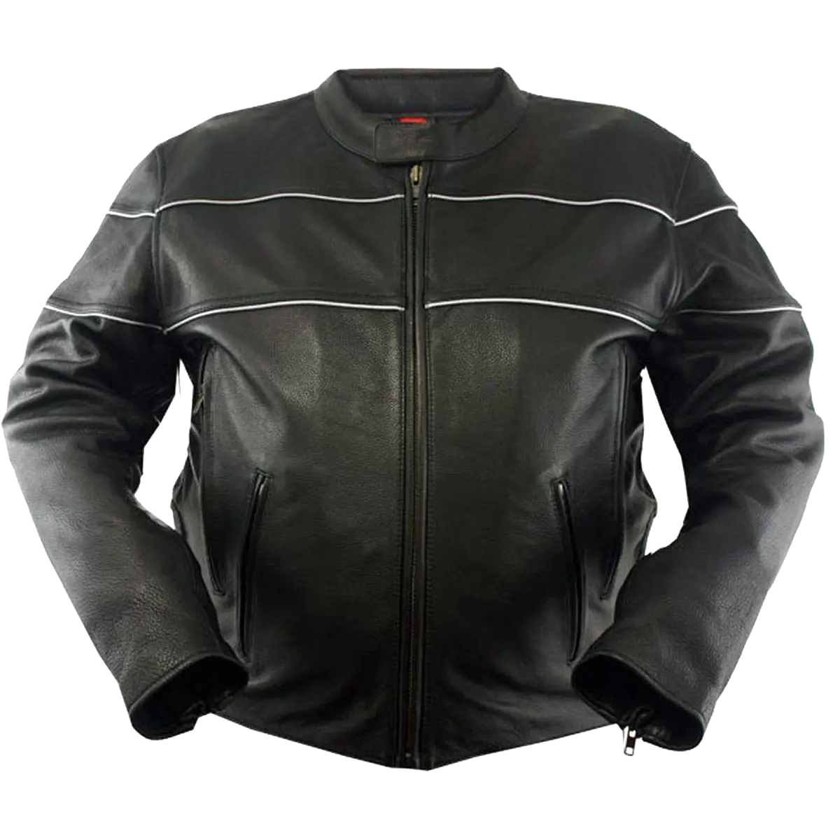 Men’s black leather motorcycle jacket with front zipper, two zippered hand pockets, and reflective piping across chest and shoulders, displayed on a plain white background.