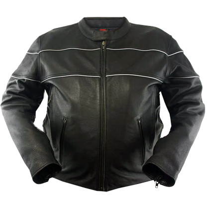 Men’s black leather motorcycle jacket with front zipper, two zippered hand pockets, and reflective piping across chest and shoulders, displayed on a plain white background.