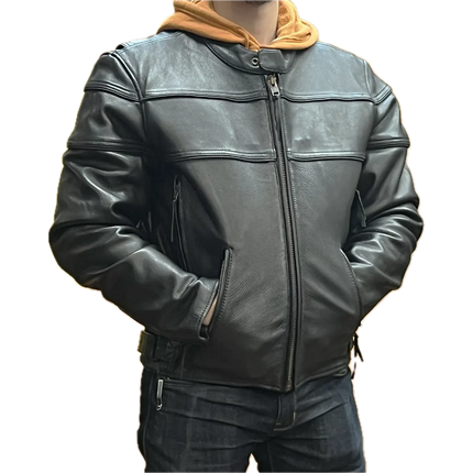 Men's black leather motorcycle jacket with zip front, snap collar, and adjustable waist straps, worn over a hoodie.