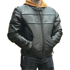 Men's black leather motorcycle jacket with zip front, snap collar, and adjustable waist straps, worn over a hoodie.